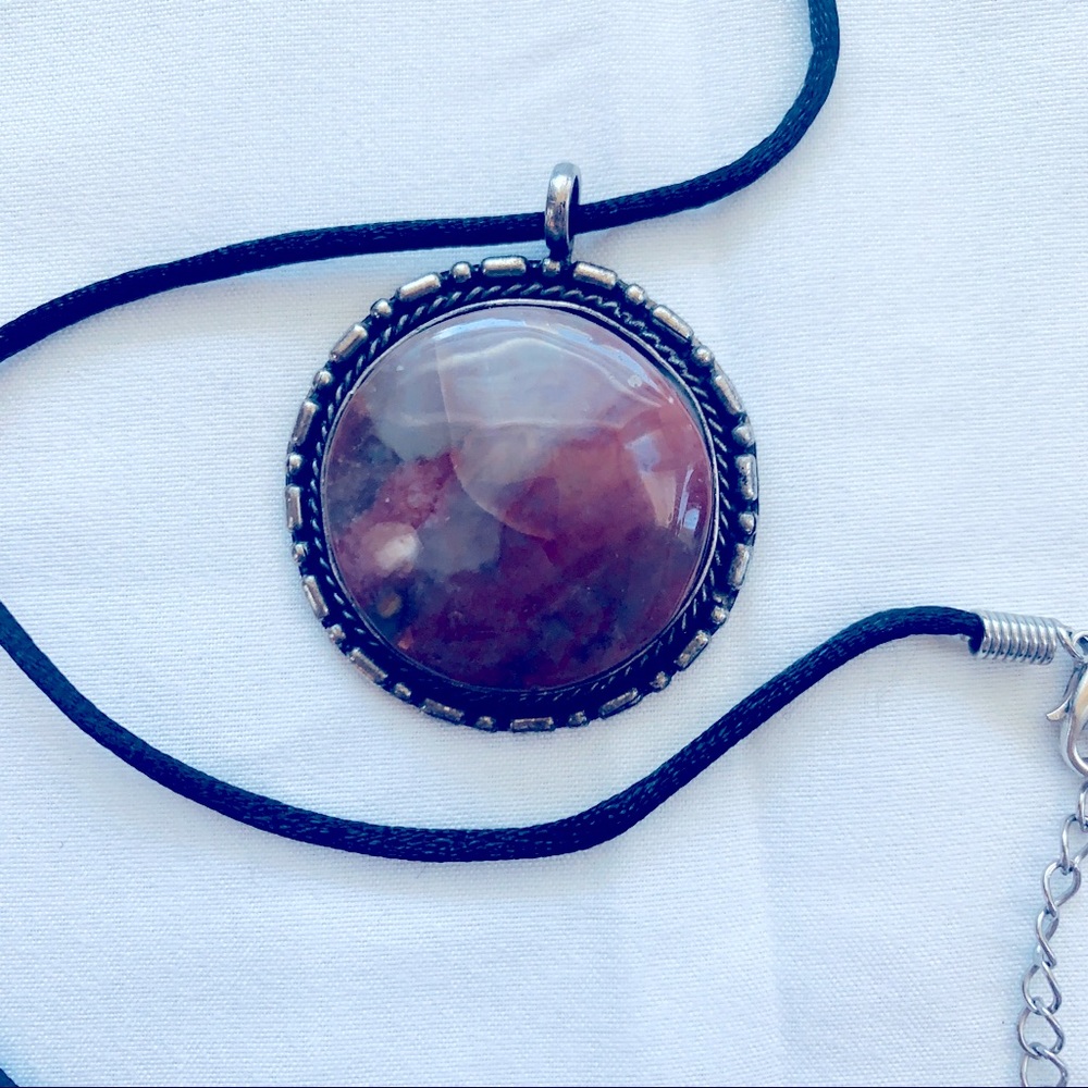 Handmade necklace, reddish stone, black cord
